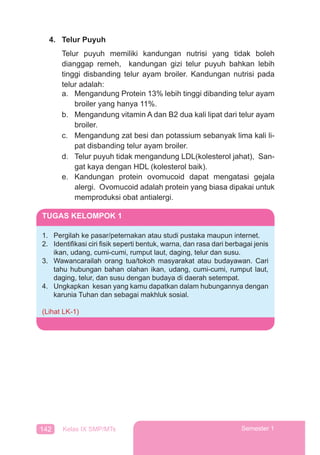 142 Kelas IX SMP/MTs Semester 1
4. Telur Puyuh
Telur puyuh memiliki kandungan nutrisi yang tidak boleh
dianggap remeh, kandungan gizi telur puyuh bahkan lebih
tinggi disbanding telur ayam broiler. Kandungan nutrisi pada
telur adalah:
a. Mengandung Protein 13% lebih tinggi dibanding telur ayam
broiler yang hanya 11%.
b. Mengandung vitamin A dan B2 dua kali lipat dari telur ayam
broiler.
c. Mengandung zat besi dan potassium sebanyak lima kali li-
pat disbanding telur ayam broiler.
d. Telur puyuh tidak mengandung LDL(kolesterol jahat), San-
gat kaya dengan HDL (kolesterol baik).
e. Kandungan protein ovomucoid dapat mengatasi gejala
alergi. Ovomucoid adalah protein yang biasa dipakai untuk
memproduksi obat antialergi.
TUGAS KELOMPOK 1
1. Pergilah ke pasar/peternakan atau studi pustaka maupun internet.
2. Identiﬁkasi ciri ﬁsik seperti bentuk, warna, dan rasa dari berbagai jenis
ikan, udang, cumi-cumi, rumput laut, daging, telur dan susu.
3. Wawancarailah orang tua/tokoh masyarakat atau budayawan. Cari
tahu hubungan bahan olahan ikan, udang, cumi-cumi, rumput laut,
daging, telur, dan susu dengan budaya di daerah setempat.
4. Ungkapkan kesan yang kamu dapatkan dalam hubungannya dengan
karunia Tuhan dan sebagai makhluk sosial.
(Lihat LK-1)
 