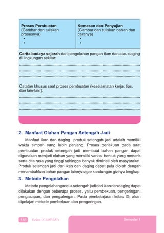 186 Kelas IX SMP/MTs Semester 1
Proses Pembuatan
(Gambar dan tuliskan
prosesnya)
•
•
Kemasan dan Penyajian
(Gambar dan tuliskan bahan dan
caranya)
•
•
Cerita budaya sejarah dari pengolahan pangan ikan dan atau daging
di lingkungan sekitar:
..............................................................................................................
..............................................................................................................
..............................................................................................................
Catatan khusus saat proses pembuatan (keselamatan kerja, tips,
dan lain-lain):
..............................................................................................................
..............................................................................................................
..............................................................................................................
2. Manfaat Olahan Pangan Setengah Jadi
Manfaat ikan dan daging produk setengah jadi adalah memiliki
waktu simpan yang lebih panjang. Proses perlakuan pada saat
pembuatan produk setengah jadi membuat bahan pangan dapat
digunakan menjadi olahan yang memiliki variasi bentuk yang menarik
serta cita rasa yang tinggi sehingga banyak diminati oleh masyarakat.
Produk setengah jadi dari ikan dan daging dapat pula diolah dengan
menambahkan bahan pangan lainnya agar kandungan gizinya lengkap.
3. Metode Pengolahan
Metode pengolahanproduksetengahjadidariikandandagingdapat
dilakukan dengan beberapa proses, yaitu pembekuan, pengeringan,
pengasapan, dan pengalengan. Pada pembelajaran kelas IX, akan
dipelajari metode pembekuan dan pengeringan.
 