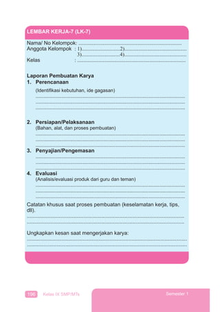 196 Kelas IX SMP/MTs Semester 1
2. Persiapan/Pelaksanaan
(Bahan, alat, dan proses pembuatan)
.................................................................................................................
.................................................................................................................
.................................................................................................................
3. Penyajian/Pengemasan
.................................................................................................................
.................................................................................................................
.................................................................................................................
4. Evaluasi
(Analisis/evaluasi produk dari guru dan teman)
.................................................................................................................
.................................................................................................................
.................................................................................................................
Catatan khusus saat proses pembuatan (keselamatan kerja, tips,
dll).
...........................................................................................................
...........................................................................................................
Ungkapkan kesan saat mengerjakan karya:
...........................................................................................................
............................................................................................................
LEMBAR KERJA-7 (LK-7)
Nama/ No Kelompok: ..............................................................................
Anggota Kelompok : 1).............................2)...............................................
3).............................4)...............................................
Kelas : ..................................................................................
Laporan Pembuatan Karya
1. Perencanaan
(Identiﬁkasi kebutuhan, ide gagasan)
.................................................................................................................
.................................................................................................................
.................................................................................................................
 
