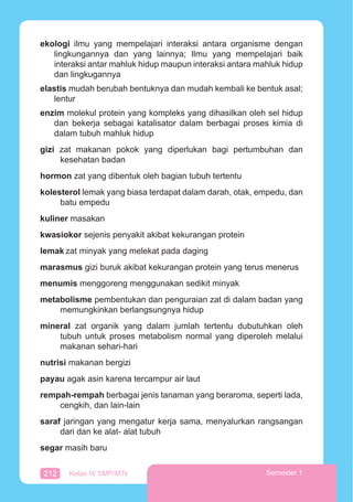 212 Kelas IX SMP/MTs Semester 1
ekologi ilmu yang mempelajari interaksi antara organisme dengan
lingkungannya dan yang lainnya; Ilmu yang mempelajari baik
interaksi antar mahluk hidup maupun interaksi antara mahluk hidup
dan lingkugannya
elastis mudah berubah bentuknya dan mudah kembali ke bentuk asal;
lentur
enzim molekul protein yang kompleks yang dihasilkan oleh sel hidup
dan bekerja sebagai katalisator dalam berbagai proses kimia di
dalam tubuh mahluk hidup
gizi zat makanan pokok yang diperlukan bagi pertumbuhan dan
kesehatan badan
hormon zat yang dibentuk oleh bagian tubuh tertentu
kolesterol lemak yang biasa terdapat dalam darah, otak, empedu, dan
batu empedu
kuliner masakan
kwasiokor sejenis penyakit akibat kekurangan protein
lemak zat minyak yang melekat pada daging
marasmus gizi buruk akibat kekurangan protein yang terus menerus
menumis menggoreng menggunakan sedikit minyak
metabolisme pembentukan dan penguraian zat di dalam badan yang
memungkinkan berlangsungnya hidup
mineral zat organik yang dalam jumlah tertentu dubutuhkan oleh
tubuh untuk proses metabolism normal yang diperoleh melalui
makanan sehari-hari
nutrisi makanan bergizi
payau agak asin karena tercampur air laut
rempah-rempah berbagai jenis tanaman yang beraroma, seperti lada,
cengkih, dan lain-lain
saraf jaringan yang mengatur kerja sama, menyalurkan rangsangan
dari dan ke alat- alat tubuh
segar masih baru
 