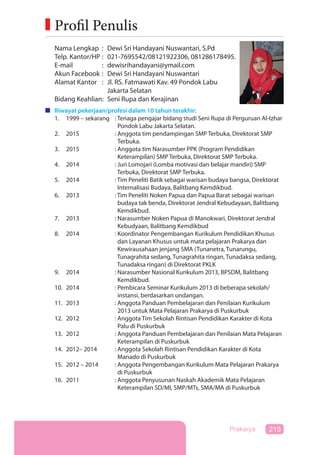 215Prakarya
Nama Lengkap : Dewi Sri Handayani Nuswantari, S.Pd
Telp. Kantor/HP : 021-7695542/08121922306, 081286178495.
E-mail : dewisrihandayani@ymail.com
Akun Facebook : Dewi Sri Handayani Nuswantari
Alamat Kantor : Jl. RS. Fatmawati Kav. 49 Pondok Labu
Jakarta Selatan
Bidang Keahlian: Seni Rupa dan Kerajinan
Riwayat pekerjaan/profesi dalam 10 tahun terakhir:
1. 1999 – sekarang : Tenaga pengajar bidang studi Seni Rupa di Perguruan Al-Izhar
Pondok Labu Jakarta Selatan.
2. 2015 : Anggota tim pendampingan SMP Terbuka, Direktorat SMP
Terbuka.
3. 2015 : Anggota tim Narasumber PPK (Program Pendidikan
Keterampilan) SMP Terbuka, Direktorat SMP Terbuka.
4. 2014 : Juri Lomojari (Lomba motivasi dan belajar mandiri) SMP
Terbuka, Direktorat SMP Terbuka.
5. 2014 : Tim Peneliti Batik sebagai warisan budaya bangsa, Direktorat
Internalisasi Budaya, Balitbang Kemdikbud.
6. 2013 : Tim Peneliti Noken Papua dan Papua Barat sebagai warisan
budaya tak benda, Direktorat Jendral Kebudayaan, Balitbang
Kemdikbud.
7. 2013 : Narasumber Noken Papua di Manokwari, Direktorat Jendral
Kebudyaan, Balitbang Kemdikbud
8. 2014 : Koordinator Pengembangan Kurikulum Pendidikan Khusus
dan Layanan Khusus untuk mata pelajaran Prakarya dan
Kewirausahaan jenjang SMA (Tunanetra, Tunarungu,
Tunagrahita sedang, Tunagrahita ringan, Tunadaksa sedang,
Tunadaksa ringan) di Direktorat PKLK
9. 2014 : Narasumber Nasional Kurikulum 2013, BPSDM, Balitbang
Kemdikbud.
10. 2014 : Pembicara Seminar Kurikulum 2013 di beberapa sekolah/
instansi, berdasarkan undangan.
11. 2013 : Anggota Panduan Pembelajaran dan Penilaian Kurikulum
2013 untuk Mata Pelajaran Prakarya di Puskurbuk
12. 2012 : Anggota Tim Sekolah Rintisan Pendidikan Karakter di Kota
Palu di Puskurbuk
13. 2012 : Anggota Panduan Pembelajaran dan Penilaian Mata Pelajaran
Keterampilan di Puskurbuk
14. 2012– 2014 : Anggota Sekolah Rintisan Pendidikan Karakter di Kota
Manado di Puskurbuk
15. 2012 – 2014 : Anggota Pengembangan Kurikulum Mata Pelajaran Prakarya
di Puskurbuk
16. 2011 : Anggota Penyusunan Naskah Akademik Mata Pelajaran
Keterampilan SD/MI, SMP/MTs, SMA/MA di Puskurbuk
Profil Penulis
 