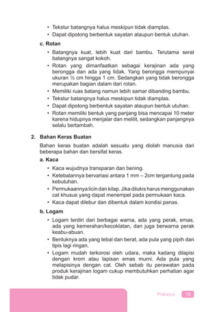 15Prakarya
• Tekstur batangnya halus meskipun tidak diamplas.
• Dapat dipotong berbentuk sayatan ataupun bentuk utuhan.
c. Rotan
• Batangnya kuat, lebih kuat dari bambu. Terutama serat
batangnya sangat kokoh.
• Rotan yang dimanfaatkan sebagai kerajinan ada yang
berongga dan ada yang tidak. Yang berongga mempunyai
ukuran ½ cm hingga 1 cm. Sedangkan yang tidak berongga
merupakan bagian dalam dari rotan.
• Memiliki ruas batang namun lebih samar dibanding bambu.
• Tekstur batangnya halus meskipun tidak diamplas.
• Dapat dipotong berbentuk sayatan ataupun bentuk utuhan.
• Rotan memiliki bentuk yang panjang bisa mencapai 10 meter
karena hidupnya menjalar dan melilit, sedangkan panjangnya
selalu bertambah.
2. Bahan Keras Buatan
Bahan keras buatan adalah sesuatu yang diolah manusia dari
beberapa bahan dan bersifat keras.
a. Kaca
• Kaca wujudnya transparan dan bening.
• Ketebalannya bervariasi antara 1 mm – 2cm tergantung pada
kebutuhan.
• Permukaannya licin dan kilap. Jika dilukis harus menggunakan
cat khusus yang dapat menempel pada permukaan kaca.
• Kaca dapat dilebur dan dibentuk dalam kondisi panas.
b. Logam
• Logam terdiri dari berbagai warna, ada yang perak, emas,
ada yang kemerahan/kecoklatan, dan juga berwarna perak
keabu-abuan.
• Bentuknya ada yang tebal dan berat, ada pula yang pipih dan
tipis lagi ringan.
• Logam mudah terkorosi oleh udara, maka kadang dilapisi
dengan krom atau lapisan emas murni. Ada pula yang
melapisinya dengan cat. Oleh sebab itu perawatan pada
produk kerajinan logam cukup membutuhkan perhatian agar
tidak pudar.
 