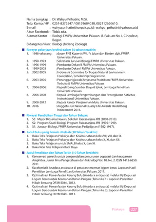 227Prakarya
Nama Lengkap : Dr. Wahyu Prihatini, M.Si.
Telp. Kantor/HP : 0251-8375547 / 08159684030, 082112656610.
E-mail : wahyu.prihatini@unpak.ac.id; wahyu_prihatini@yahoo.co.id
Akun Facebook : Tidak ada.
Alamat Kantor : Biologi FMIPA Universitas Pakuan. Jl. Pakuan No.1. Ciheuleut,
Bogor.
Bidang Keahlian: Biologi (bidang Zoologi)
Riwayat pekerjaan/profesi dalam 10 tahun terakhir:
1. 1988-sekarang : dosen PNS Kopertis Wil. IV Jabar dan Banten dpk. FMIPA
Universitas Pakuan.
2. 1990-1993 : Sekretaris Jurusan Biologi FMIPA Universitas Pakuan.
3. 1996-1999 : Pembantu Dekan II FMIPA Universitas Pakuan.
4. 1999-2003 : Pembantu Dekan I FMIPA Universitas Pakuan.
5. 2002-2005 : Indonesia Commitee for Nagao Natural Environment
Foundation, Scholarship Programme.
6. 2003-2005 : Penanggungjawab Kerjasama Praktikum FMIPA Universitas
Terbuka & FMIPA Universitas Pakuan
7. 2004-2006 : Kapuslitbang Sumber Daya & Iptek, Lembaga Penelitian
Universitas Pakuan
8. 2006-2008 : Kepala Lembaga Pengembangan dan Peningkatan Aktivitas
Instruksional Universitas Pakuan.
9. 2008-2012 : Kepala Kantor Penjaminan Mutu Universitas Pakuan.
10. 2016 : Anggota Juri Nasional Quarry Life Awards Heidellberg
Indocement 2016.
Riwayat Pendidikan Tinggi dan Tahun Belajar:
1. S3: Mayor Biosains Hewan, Sekolah Pascasarjana IPB (2008-2013).
2. S2: Program Studi Biologi, Program Pascasarjana IPB (1995-1999).
3. S1: Jurusan Biologi, FMIPA Universitas Padjadjaran (1982-1987).
Judul Buku yang Pernah ditelaah (10 Tahun Terakhir):
1. Buku Teks Pelajaran Prakarya dan Kewirausahaan kelas VII, VIII, dan IX.
2. Buku Teks Pelajaran Prakarya dan Kewirausahaan kelas X, XI, dan XII.
3. Buku Teks Pelajaran untuk SMALB kelas X, dan XI.
4. Buku Non Teks Pelajaran Budi Daya
Judul Penelitian dan Tahun Terbit (10 Tahun Terakhir):
1. Konservasi genetik untuk pengendalian penurunan populasi dan keragaman
Amphibia. Jurnal Ilmu Pengetahuan dan Teknologi Vol. 10. No. 2. ISSN 1412-6850.
2011
2. Karakteristik Anadara antiquata di perairan tercemar logam berat. Laporan Hasil
Penelitian Lembaga Penelitian Universitas Pakuan. 2011.
3. Optimalisasi Pemanfaatan Kerang Bulu (Anadara antiquata) melalui Uji Depurasi
Logam Berat untuk Keamanan Bahan Pangan (Tahun ke 1). Laporan Penelitian
Hibah Bersaing DP2M Dikti. 2012.
4. Optimalisasi Pemanfaatan Kerang Bulu (Anadara antiquata) melalui Uji Depurasi
Logam Berat untuk Keamanan Bahan Pangan (Tahun ke 2). Laporan Penelitian
Hibah Bersaing DP2M Dikti. 2013.
 