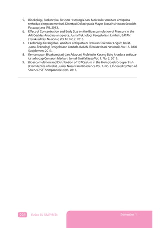 228 Kelas IX SMP/MTs Semester 1
5. Bioekologi, Biokinetika, Respon Histologis dan Molekuler Anadara antiquata
terhadap cemaran merkuri. Disertasi Doktor pada Mayor Biosains Hewan Sekolah
Pascasarjana IPB. 2013.
6. Effect of Concentration and Body Size on the Bioaccumulation of Mercury in the
Ark Cockles Anadara antiquata. Jurnal Teknologi Pengelolaan Limbah, BATAN
(Terakreditasi Nasional) Vol.16. No.2. 2013.
7. Ekobiologi Kerang Bulu Anadara antiquata di Perairan Tercemar Logam Berat.
Jurnal Teknologi Pengelolaan Limbah, BATAN (Terakreditasi Nasional). Vol 16. Edisi
Supplemen. 2013.
8. Kemampuan Bioakumulasi dan Adaptasi Molekuler Kerang Bulu Anadara antiqua-
ta terhadap Cemaran Merkuri. Jurnal BioWallacea Vol. 1. No. 2. 2015.
9. Bioaccumulation and Distribution of 137Cesium in the Humpback Grouper Fish
(Cromileptes altivelis). Jurnal Nusantara Bioscience Vol. 7. No. 2.Indexed by Web of
Science/ISI Thompson Reuters. 2015.
 