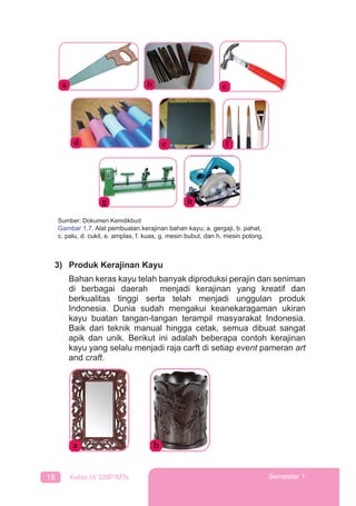 18 Kelas IX SMP/MTs Semester 1
3) Produk Kerajinan Kayu
Bahan keras kayu telah banyak diproduksi perajin dan seniman
di berbagai daerah menjadi kerajinan yang kreatif dan
berkualitas tinggi serta telah menjadi unggulan produk
Indonesia. Dunia sudah mengakui keanekaragaman ukiran
kayu buatan tangan-tangan terampil masyarakat Indonesia.
Baik dari teknik manual hingga cetak, semua dibuat sangat
apik dan unik. Berikut ini adalah beberapa contoh kerajinan
kayu yang selalu menjadi raja carft di setiap event pameran art
and craft.
a b
c
d fe
hg
ba
Sumber: Dokumen Kemdikbud
Gambar 1.7. Alat pembuatan kerajinan bahan kayu; a. gergaji, b. pahat,
c. palu, d. cukil, e. amplas, f. kuas, g. mesin bubut, dan h. mesin potong.
 