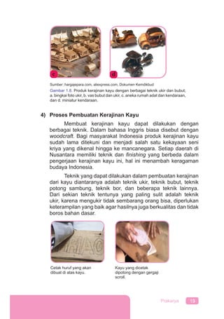 19Prakarya
4) Proses Pembuatan Kerajinan Kayu
Membuat kerajinan kayu dapat dilakukan dengan
berbagai teknik. Dalam bahasa Inggris biasa disebut dengan
woodcraft. Bagi masyarakat Indonesia produk kerajinan kayu
sudah lama ditekuni dan menjadi salah satu kekayaan seni
kriya yang dikenal hingga ke mancanegara. Setiap daerah di
Nusantara memiliki teknik dan ﬁnishing yang berbeda dalam
pengerjaan kerajinan kayu ini, hal ini menambah keragaman
budaya Indonesia.
Teknik yang dapat dilakukan dalam pembuatan kerajinan
dari kayu diantaranya adalah teknik ukir, teknik bubut, teknik
potong sambung, teknik bor, dan beberapa teknik lainnya.
Dari sekian teknik tentunya yang paling sulit adalah teknik
ukir, karena mengukir tidak sembarang orang bisa, diperlukan
keterampilan yang baik agar hasilnya juga berkualitas dan tidak
boros bahan dasar.
Sumber: hargajepara.com, aliexpress.com, Dokumen Kemdikbud
Gambar 1.8. Produk kerajinan kayu dengan berbagai teknik ukir dan bubut;
a. bingkai foto ukir, b. vas bubut dan ukir, c. aneka rumah adat dan kendaraan,
dan d. miniatur kendaraan.
c d
Cetak huruf yang akan
dibuat di atas kayu.
Kayu yang dicetak
dipotong dengan gergaji
scroll.
 