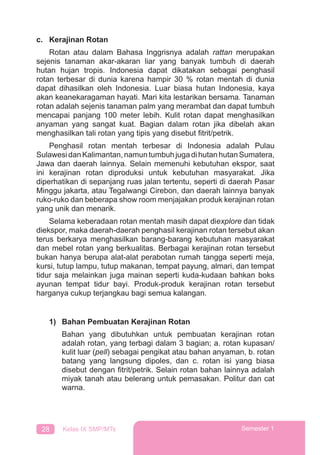 28 Kelas IX SMP/MTs Semester 1
c. Kerajinan Rotan
Rotan atau dalam Bahasa Inggrisnya adalah rattan merupakan
sejenis tanaman akar-akaran liar yang banyak tumbuh di daerah
hutan hujan tropis. Indonesia dapat dikatakan sebagai penghasil
rotan terbesar di dunia karena hampir 30 % rotan mentah di dunia
dapat dihasilkan oleh Indonesia. Luar biasa hutan Indonesia, kaya
akan keanekaragaman hayati. Mari kita lestarikan bersama. Tanaman
rotan adalah sejenis tanaman palm yang merambat dan dapat tumbuh
mencapai panjang 100 meter lebih. Kulit rotan dapat menghasilkan
anyaman yang sangat kuat. Bagian dalam rotan jika dibelah akan
menghasilkan tali rotan yang tipis yang disebut ﬁtrit/petrik.
Penghasil rotan mentah terbesar di Indonesia adalah Pulau
SulawesidanKalimantan,namuntumbuhjugadihutanhutanSumatera,
Jawa dan daerah lainnya. Selain memenuhi kebutuhan ekspor, saat
ini kerajinan rotan diproduksi untuk kebutuhan masyarakat. Jika
diperhatikan di sepanjang ruas jalan tertentu, seperti di daerah Pasar
Minggu jakarta, atau Tegalwangi Cirebon, dan daerah lainnya banyak
ruko-ruko dan beberapa show room menjajakan produk kerajinan rotan
yang unik dan menarik.
Selama keberadaan rotan mentah masih dapat diexplore dan tidak
diekspor, maka daerah-daerah penghasil kerajinan rotan tersebut akan
terus berkarya menghasilkan barang-barang kebutuhan masyarakat
dan mebel rotan yang berkualitas. Berbagai kerajinan rotan tersebut
bukan hanya berupa alat-alat perabotan rumah tangga seperti meja,
kursi, tutup lampu, tutup makanan, tempat payung, almari, dan tempat
tidur saja melainkan juga mainan seperti kuda-kudaan bahkan boks
ayunan tempat tidur bayi. Produk-produk kerajinan rotan tersebut
harganya cukup terjangkau bagi semua kalangan.
1) Bahan Pembuatan Kerajinan Rotan
Bahan yang dibutuhkan untuk pembuatan kerajinan rotan
adalah rotan, yang terbagi dalam 3 bagian; a. rotan kupasan/
kulit luar (pell) sebagai pengikat atau bahan anyaman, b. rotan
batang yang langsung dipoles, dan c. rotan isi yang biasa
disebut dengan ﬁtrit/petrik. Selain rotan bahan lainnya adalah
miyak tanah atau belerang untuk pemasakan. Politur dan cat
warna.
 