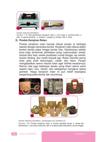 30 Kelas IX SMP/MTs Semester 1
3) Produk Kerajinan Rotan
Produk kerajinan rotan banyak dibuat perajin di berbagai
daerah dengan beraneka bentuk. Kerajinan rotan dibuat dalam
bentuk benda pakai hingga benda hias. Diantaranya adalah
kursi meja, lemari/rak, pembatas ruang, kuda-kudaan, lampit,
tempat tidur bayi, aneka perabotan rumah tangga, tas wanita,
hiasan dinding, dan masih banyak lagi. Rotan memiliki warna
khas yaitu putih kekuningan, coklat, dan hitam. Perajin
mengabadikan warna natural rotan agar terlihat keasliannya.
Namun ada juga beberapa desain yang diberi warna warni
seperti hijau, biru, merah, dan sebagainya mengikuti selera
pembeli. Harga kerajinan rotan ini pun relatif terjangkau
bergantung pada bentuk dan ukurannya.
Sumber: Dokumen Kemdikbud , solusiproperti.com, manfaat.co.id.
Gambar 1.20. Produk kerajinan rotan; a. hiasan gerobak becak, b. aneka tas
Kalimantan, c. tas rotan masa kini, dan d. aneka produk kebutuhan rumah tangga.
a b c
d
Sumber: Dokumen Kemdikbud
Gambar 1.19. Alat pembuatan kerajinan rotan; a. bor meja, b. gunting rotan, c.
palu, d. papan penekuk , e. amplas, f. gergaji, g. kompor, dan h. kuas.
g h
 