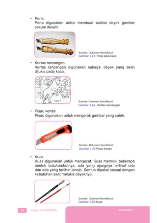 34 Kelas IX SMP/MTs Semester 1
• Pena
Pena digunakan untuk membuat outline obyek gambar
sesuai desain.
• Kertas rancangan
Kertas rancangan digunakan sebagai obyek yang akan
dilukis pada kaca.
• Pisau kertas
Pisau digunakan untuk mengerok gambar yang salah.
• Kuas
Kuas digunakan untuk mengecat. Kuas memiliki beberapa
bentuk bulu/rambutnya, ada yang ujungnya terlihat rata
dan ada yang terlihat lancip. Semua dipakai sesuai dengan
kebutuhan saat melukis obyeknya.
Sumber: Dokumen Kemdikbud
Gambar 1.23. Pena lukis kaca
Sumber: Dokumen Kemdikbud
Gambar 1.24. Kertas rancangan
Sumber: Dokumen Kemdikbud
Gambar 1.25 Pisau kertas
Sumber: Dokumen Kemdikbud
Gambar 1.26 Kuas
 