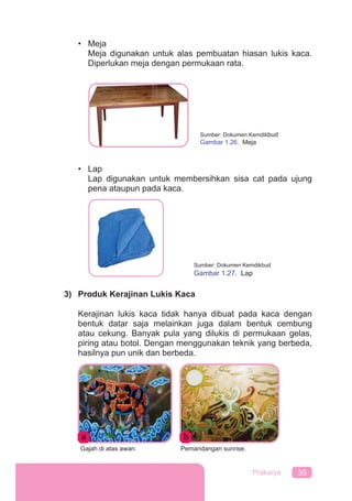 35Prakarya
• Meja
Meja digunakan untuk alas pembuatan hiasan lukis kaca.
Diperlukan meja dengan permukaan rata.
• Lap
Lap digunakan untuk membersihkan sisa cat pada ujung
pena ataupun pada kaca.
3) Produk Kerajinan Lukis Kaca
Kerajinan lukis kaca tidak hanya dibuat pada kaca dengan
bentuk datar saja melainkan juga dalam bentuk cembung
atau cekung. Banyak pula yang dilukis di permukaan gelas,
piring atau botol. Dengan menggunakan teknik yang berbeda,
hasilnya pun unik dan berbeda.
Sumber: Dokumen Kemdikbud
Gambar 1.26. Meja
Sumber: Dokumen Kemdikbud
Gambar 1.27. Lap
Gajah di atas awan. Pemandangan sunrise.
a b
 
