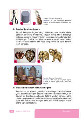 38 Kelas IX SMP/MTs Semester 1
3) Produk Kerajinan Logam
Produk kerajinan logam yang dihasilkan para perajin dibuat
dengan cara-cara tradisional. Produk yang dibuat biasanya
sebagai asesoris, hiasan interior, perabotan rumah tangga dan
sebagainya. Produk dari logam awalnya hanya menonjolkan
warna aslinya namun ada juga yang diberi cat agar terlihat
lebih berbeda.
4) Proses Pembuatan Kerajinan Logam
Pembuatan kerajinan logam dilakukan dengan cara tradisional
yaitu dibentuk dengan tangan dan bantuan alat seadanya. Di
bawah ini disajikan pembuatan kaleng wadah kerupuk yang
dibuat dengan desain sederhana dan sudah sejak lama desain
tidak berubah namun menjadi unik dan masih banyak dicari
orang karena klasiknya.
Sumber: Dokumen Kemdikbud
Gambar 1.31. Alat pembuatan kerajinan
kaleng; a. gunting kaleng, b.cetakan, dan
c. kuasa b c
Sumber: Dokumen Kemdikbud
Gambar 1.32. Produk kerajinan logam;
a. bros, b. hiasan gajah, dan c. teko dan
cangkir.
a b
c
 