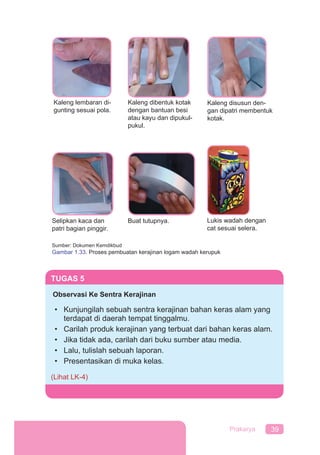 39Prakarya
TUGAS 5
Observasi Ke Sentra Kerajinan
• Kunjungilah sebuah sentra kerajinan bahan keras alam yang
terdapat di daerah tempat tinggalmu.
• Carilah produk kerajinan yang terbuat dari bahan keras alam.
• Jika tidak ada, carilah dari buku sumber atau media.
• Lalu, tulislah sebuah laporan.
• Presentasikan di muka kelas.
(Lihat LK-4)
Sumber: Dokumen Kemdikbud
Gambar 1.33. Proses pembuatan kerajinan logam wadah kerupuk
Kaleng lembaran di-
gunting sesuai pola.
Kaleng dibentuk kotak
dengan bantuan besi
atau kayu dan dipukul-
pukul.
Kaleng disusun den-
gan dipatri membentuk
kotak.
Selipkan kaca dan
patri bagian pinggir.
Buat tutupnya. Lukis wadah dengan
cat sesuai selera.
 