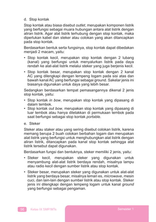 56 Kelas IX SMP/MTs Semester 1
d. Stop kontak
Stop kontak atau biasa disebut outlet, merupakan komponen listrik
yang berfungsi sebagai muara hubungan antara alat listrik dengan
aliran listrik. Agar alat listrik terhubung dengan stop kontak, maka
diperlukan kabel dan steker atau colokan yang akan ditancapkan
pada stop kontak.
Berdasarkan bentuk serta fungsinya, stop kontak dapat dibedakan
menjadi 2 macam, yaitu:
• Stop kontak kecil, merupakan stop kontak dengan 2 lubang
(kanal) yang berfungsi untuk menyalurkan listrik pada daya
rendah ke alat-alat listrik melalui steker yang juga berjenis kecil.
• Stop kontak besar, merupakan stop kontak dengan 2 kanal
AC yang dilengkapi dengan lempeng logam pada sisi atas dan
bawah kanal AC yang berfungsi sebagai ground. Sakelar jenis ini
biasanya digunakan untuk daya yang lebih besar.
Sedangkan berdasarkan tempat pemasangannya dikenal 2 jenis
stop kontak, yaitu:
• Stop kontak in bow, merupakan stop kontak yang dipasang di
dalam tembok.
• Stop kontak out bow, merupakan stop kontak yang dipasang di
luar tembok atau hanya diletakkan di permukaan tembok pada
saat berfungsi sebagai stop kontak portable.
e. Steker
Steker atau staker atau yang sering disebut colokan listrik, karena
memang berupa 2 buah colokan berbahan logam dan merupakan
alat listrik yang berfungsi untuk menghubungkan alat listrik dengan
aliran listrik, ditancapkan pada kanal stop kontak sehingga alat
listrik tersebut dapat digunakan.
Berdasarkan fungsi dan bentuknya, steker memiliki 2 jenis, yaitu:
• Steker kecil, merupakan steker yang digunakan untuk
menyambung alat-alat listrik berdaya rendah, misalnya lampu
atau radio kecil dengan sumber listrik atau stop kontak.
• Steker besar, merupakan steker yang digunakan untuk alat-alat
listrik yang berdaya besar, misalnya lemari es, microwave, mesin
cuci, dan lain-lain dengan sumber listrik atau stop kontak. Steker
jenis ini dilengkapi dengan lempeng logam untuk kanal ground
yang berfungsi sebagai pengaman.
 