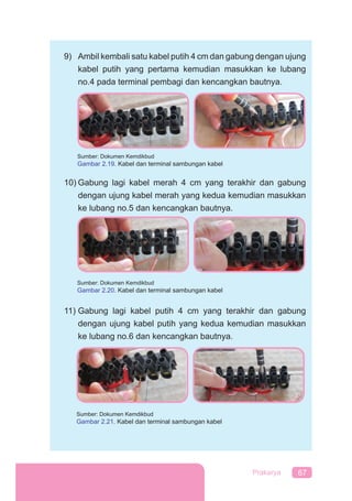 67Prakarya
9) Ambil kembali satu kabel putih 4 cm dan gabung dengan ujung
kabel putih yang pertama kemudian masukkan ke lubang
no.4 pada terminal pembagi dan kencangkan bautnya.
10) Gabung lagi kabel merah 4 cm yang terakhir dan gabung
dengan ujung kabel merah yang kedua kemudian masukkan
ke lubang no.5 dan kencangkan bautnya.
11) Gabung lagi kabel putih 4 cm yang terakhir dan gabung
dengan ujung kabel putih yang kedua kemudian masukkan
ke lubang no.6 dan kencangkan bautnya.
Sumber: Dokumen Kemdikbud
Gambar 2.19. Kabel dan terminal sambungan kabel
Sumber: Dokumen Kemdikbud
Gambar 2.20. Kabel dan terminal sambungan kabel
Sumber: Dokumen Kemdikbud
Gambar 2.21. Kabel dan terminal sambungan kabel
 