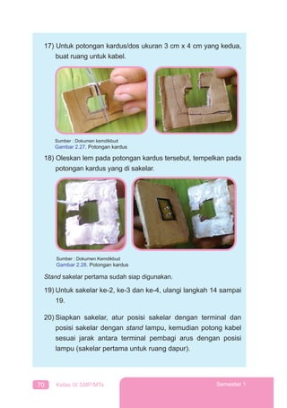 70 Kelas IX SMP/MTs Semester 1
17) Untuk potongan kardus/dos ukuran 3 cm x 4 cm yang kedua,
buat ruang untuk kabel.
18) Oleskan lem pada potongan kardus tersebut, tempelkan pada
potongan kardus yang di sakelar.
Stand sakelar pertama sudah siap digunakan.
19) Untuk sakelar ke-2, ke-3 dan ke-4, ulangi langkah 14 sampai
19.
20) Siapkan sakelar, atur posisi sakelar dengan terminal dan
posisi sakelar dengan stand lampu, kemudian potong kabel
sesuai jarak antara terminal pembagi arus dengan posisi
lampu (sakelar pertama untuk ruang dapur).
Sumber : Dokumen kemdikbud
Gambar 2.27. Potongan kardus
Sumber : Dokumen Kemdikbud
Gambar 2.28. Potongan kardus
 