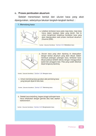99Prakarya
c. Proses pembuatan akuarium
Setelah menentukan bentuk dan ukuran kaca yang akan
dipergunakan, selanjutnya lakukan langkah-langkah berikut: :
a. Ukuran kaca yang akan dipotong ini disesuaikan
dengan bentuk akuarium yang akan dibuat. Dalam
membuat potongan potongan kaca, lembaran kaca
dibuat polanya terlebih dahulu dengan menggunakan
spidol dan penggaris besi. Pola yang sudah dibentuk
dapat langsung dipotong.
Sumber : Dokumen Kemdikbud Gambar 3.26. Mengukur kaca
Sumber : Dokumen Kemdikbud Gambar 3.27. Memotong kaca
c. Untuk memotong kaca gunakan alat pemotong kaca
yang banyak dijual di toko besi.
Sumber : Dokumen Kemdikbud Gambar 3.28. Menghaluskan kaca
d. Setelah kaca terpotong, bagian pinggir potongan kaca
harus dihaluskan dengan gerinda atau batu asahan
karborondum.
1. Memotong kaca
a. Letakkan lembaran kaca pada meja kerja, meja kerja
harus dalam keadaan datar yang bersih. Hal ini
untuk menghindari terjadinya keretakan kaca yang
akan dipergunakan saat proses membuat akuarium.
(Gusrina 2008).
Sumber : Dokumen Kemdikbud Gambar 3.25. Meletakkan kaca
 