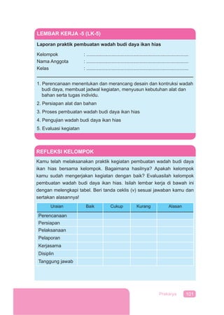 101Prakarya
LEMBAR KERJA -5 (LK-5)
Laporan praktik pembuatan wadah budi daya ikan hias
Kelompok : .............................................................................
Nama Anggota : .............................................................................
Kelas : .............................................................................
1. Perencanaan menentukan dan merancang desain dan kontruksi wadah
budi daya, membuat jadwal kegiatan, menyusun kebutuhan alat dan
bahan serta tugas individu.
2. Persiapan alat dan bahan
3. Proses pembuatan wadah budi daya ikan hias
4. Pengujian wadah budi daya ikan hias
5. Evaluasi kegiatan
REFLEKSI KELOMPOK
Kamu telah melaksanakan praktik kegiatan pembuatan wadah budi daya
ikan hias bersama kelompok. Bagaimana hasilnya? Apakah kelompok
kamu sudah mengerjakan kegiatan dengan baik? Evaluasilah kelompok
pembuatan wadah budi daya ikan hias. Isilah lembar kerja di bawah ini
dengan melengkapi tabel. Beri tanda ceklis (v) sesuai jawaban kamu dan
sertakan alasannya!
Uraian Baik Cukup Kurang Alasan
Perencanaan
Persiapan
Pelaksanaan
Pelaporan
Kerjasama
Disiplin
Tanggung jawab
 