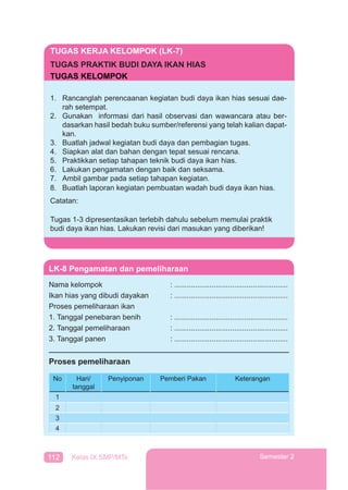 112 Kelas IX SMP/MTs Semester 2
TUGAS KERJA KELOMPOK (LK-7)
TUGAS PRAKTIK BUDI DAYA IKAN HIAS
TUGAS KELOMPOK
1. Rancanglah perencaanan kegiatan budi daya ikan hias sesuai dae-
rah setempat.
2. Gunakan informasi dari hasil observasi dan wawancara atau ber-
dasarkan hasil bedah buku sumber/referensi yang telah kalian dapat-
kan.
3. Buatlah jadwal kegiatan budi daya dan pembagian tugas.
4. Siapkan alat dan bahan dengan tepat sesuai rencana.
5. Praktikkan setiap tahapan teknik budi daya ikan hias.
6. Lakukan pengamatan dengan baik dan seksama.
7. Ambil gambar pada setiap tahapan kegiatan.
8. Buatlah laporan kegiatan pembuatan wadah budi daya ikan hias.
Catatan:
Tugas 1-3 dipresentasikan terlebih dahulu sebelum memulai praktik
budi daya ikan hias. Lakukan revisi dari masukan yang diberikan!
LK-8 Pengamatan dan pemeliharaan
Nama kelompok : .......................................................
Ikan hias yang dibudi dayakan : .......................................................
Proses pemeliharaan ikan
1. Tanggal penebaran benih : .......................................................
2. Tanggal pemeliharaan : .......................................................
3. Tanggal panen : .......................................................
Proses pemeliharaan
No Hari/
tanggal
Penyiponan Pemberi Pakan Keterangan
1
2
3
4
 