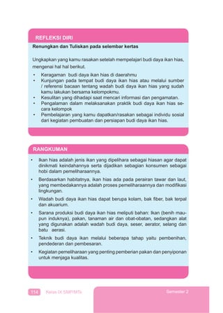 114 Kelas IX SMP/MTs Semester 2
REFLEKSI DIRI
Renungkan dan Tuliskan pada selembar kertas
Ungkapkan yang kamu rasakan setelah mempelajari budi daya ikan hias,
mengenai hal hal berikut.
• Keragaman budi daya ikan hias di daerahmu
• Kunjungan pada tempat budi daya ikan hias atau melalui sumber
/ referensi bacaan tentang wadah budi daya ikan hias yang sudah
kamu lakukan bersama kelompokmu.
• Kesulitan yang dihadapi saat mencari informasi dan pengamatan.
• Pengalaman dalam melaksanakan praktik budi daya ikan hias se-
cara kelompok
• Pembelajaran yang kamu dapatkan/rasakan sebagai individu sosial
dari kegiatan pembuatan dan persiapan budi daya ikan hias.
RANGKUMAN
• Ikan hias adalah jenis ikan yang dipelihara sebagai hiasan agar dapat
dinikmati keindahannya serta dijadikan sebagian konsumen sebagai
hobi dalam pemeliharaannya.
• Berdasarkan habitatnya, ikan hias ada pada perairan tawar dan laut,
yang membedakannya adalah proses pemeliharaannya dan modiﬁkasi
lingkungan.
• Wadah budi daya ikan hias dapat berupa kolam, bak ﬁber, bak terpal
dan akuarium.
• Sarana produksi budi daya ikan hias meliputi bahan: Ikan (benih mau-
pun induknya), pakan, tanaman air dan obat-obatan, sedangkan alat
yang digunakan adalah wadah budi daya, seser, aerator, selang dan
batu aerasi.
• Teknik budi daya ikan melalui beberapa tahap yaitu pembenihan,
pendederan dan pembesaran.
• Kegiatan pemeliharaan yang penting pemberian pakan dan penyiponan
untuk menjaga kualitas.
 