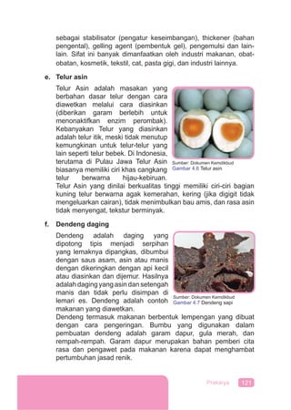 121Prakarya
sebagai stabilisator (pengatur keseimbangan), thickener (bahan
pengental), gelling agent (pembentuk gel), pengemulsi dan lain-
lain. Sifat ini banyak dimanfaatkan oleh industri makanan, obat-
obatan, kosmetik, tekstil, cat, pasta gigi, dan industri lainnya.
e. Telur asin
Telur Asin adalah masakan yang
berbahan dasar telur dengan cara
diawetkan melalui cara diasinkan
(diberikan garam berlebih untuk
menonaktifkan enzim perombak).
Kebanyakan Telur yang diasinkan
adalah telur itik, meski tidak menutup
kemungkinan untuk telur-telur yang
lain seperti telur bebek. Di Indonesia,
terutama di Pulau Jawa Telur Asin
biasanya memiliki ciri khas cangkang
telur berwarna hijau-kebiruan.
Telur Asin yang dinilai berkualitas tinggi memiliki ciri-ciri bagian
kuning telur berwarna agak kemerahan, kering (jika digigit tidak
mengeluarkan cairan), tidak menimbulkan bau amis, dan rasa asin
tidak menyengat, tekstur berminyak.
f. Dendeng daging
Dendeng adalah daging yang
dipotong tipis menjadi serpihan
yang lemaknya dipangkas, dibumbui
dengan saus asam, asin atau manis
dengan dikeringkan dengan api kecil
atau diasinkan dan dijemur. Hasilnya
adalah daging yang asin dan setengah
manis dan tidak perlu disimpan di
lemari es. Dendeng adalah contoh
makanan yang diawetkan.
Dendeng termasuk makanan berbentuk lempengan yang dibuat
dengan cara pengeringan. Bumbu yang digunakan dalam
pembuatan dendeng adalah garam dapur, gula merah, dan
rempah-rempah. Garam dapur merupakan bahan pemberi cita
rasa dan pengawet pada makanan karena dapat menghambat
pertumbuhan jasad renik.
Sumber: Dokumen Kemdikbud
Gambar 4.6 Telur asin
Sumber: Dokumen Kemdikbud
Gambar 4.7 Dendeng sapi
 