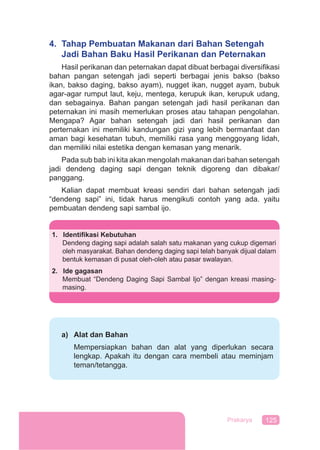 125Prakarya
4. Tahap Pembuatan Makanan dari Bahan Setengah
Jadi Bahan Baku Hasil Perikanan dan Peternakan
Hasil perikanan dan peternakan dapat dibuat berbagai diversiﬁkasi
bahan pangan setengah jadi seperti berbagai jenis bakso (bakso
ikan, bakso daging, bakso ayam), nugget ikan, nugget ayam, bubuk
agar-agar rumput laut, keju, mentega, kerupuk ikan, kerupuk udang,
dan sebagainya. Bahan pangan setengah jadi hasil perikanan dan
peternakan ini masih memerlukan proses atau tahapan pengolahan.
Mengapa? Agar bahan setengah jadi dari hasil perikanan dan
perternakan ini memiliki kandungan gizi yang lebih bermanfaat dan
aman bagi kesehatan tubuh, memiliki rasa yang menggoyang lidah,
dan memiliki nilai estetika dengan kemasan yang menarik.
Pada sub bab ini kita akan mengolah makanan dari bahan setengah
jadi dendeng daging sapi dengan teknik digoreng dan dibakar/
panggang.
Kalian dapat membuat kreasi sendiri dari bahan setengah jadi
“dendeng sapi” ini, tidak harus mengikuti contoh yang ada. yaitu
pembuatan dendeng sapi sambal ijo.
.
1. Identiﬁkasi Kebutuhan
Dendeng daging sapi adalah salah satu makanan yang cukup digemari
oleh masyarakat. Bahan dendeng daging sapi telah banyak dijual dalam
bentuk kemasan di pusat oleh-oleh atau pasar swalayan.
2. Ide gagasan
Membuat “Dendeng Daging Sapi Sambal Ijo” dengan kreasi masing-
masing.
a) Alat dan Bahan
Mempersiapkan bahan dan alat yang diperlukan secara
lengkap. Apakah itu dengan cara membeli atau meminjam
teman/tetangga.
 