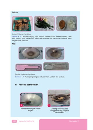 126 Kelas IX SMP/MTs Semester 2
Bahan
Sumber: Dokumen Kemdikbud
Gambar 4.10 Dendeng daging sapi, bumbu: bawang putih, Bawang merah, cabe
hijau keriting, gula merah dan garam secukupnya dan garam secukupnya serta
minyak untuk menumis.
Alat
Sumber: Dokumen Kemdikbud
Gambar 4.11 Kuali/pengorengan, sutil, serokan, ulekan, dan spatula.
d. Proses pembuatan
Panaskan minyak dalam
wajan.
Goreng dendeng sapi
hingga matang, angkat
dan tiriskan.
 