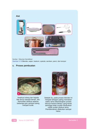 136 Kelas IX SMP/MTs Semester 2
Alat
c. Proses pembuatan
Awalnya tulang dan kepala
lele dicuci sampai bersih, lalu
Kemudian direbus selama
beberapa jam sampai tulang
menjadi lunak.
Setelah itu, pada proses blender ini
menjadi tahapan paling memakan
waktu lama dibandingkan proses
lainnya karena tekstur yang keras
sehingga tidak mudah dihaluskan
meski sudah direbus lama.
Pemblenderan dilakukan sampai
halus.
Sumber: Dokumen Kemdikbud
Gambar 4.19 Blender, wajan, baskom, spatula, serokan, panci, dan kompor
 