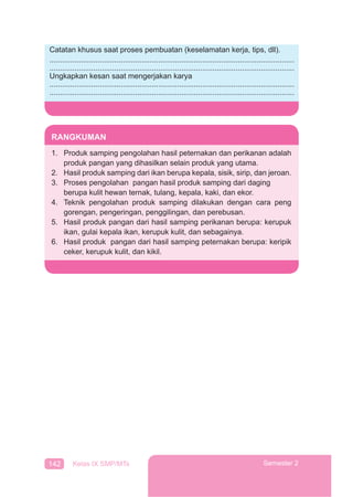142 Kelas IX SMP/MTs Semester 2
Catatan khusus saat proses pembuatan (keselamatan kerja, tips, dll).
.....................................................................................................................
.....................................................................................................................
Ungkapkan kesan saat mengerjakan karya
.....................................................................................................................
.....................................................................................................................
RANGKUMAN
1. Produk samping pengolahan hasil peternakan dan perikanan adalah
produk pangan yang dihasilkan selain produk yang utama.
2. Hasil produk samping dari ikan berupa kepala, sisik, sirip, dan jeroan.
3. Proses pengolahan pangan hasil produk samping dari daging
berupa kulit hewan ternak, tulang, kepala, kaki, dan ekor.
4. Teknik pengolahan produk samping dilakukan dengan cara peng
gorengan, pengeringan, penggilingan, dan perebusan.
5. Hasil produk pangan dari hasil samping perikanan berupa: kerupuk
ikan, gulai kepala ikan, kerupuk kulit, dan sebagainya.
6. Hasil produk pangan dari hasil samping peternakan berupa: keripik
ceker, kerupuk kulit, dan kikil.
 