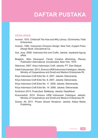 143Prakarya
KERAJINAN
Anonim. 1073. Childcraft The How and Why Library. US Amerika: Field
Enterprises.
Anonim, 1990. Indonesian Ornamen Design. New York: A pepin Press
Design Book. Educational Co.
Ave, Joop. 2008. Indonesia Arts and Crafts. Jakarta: Jayakarta Agung
offset.
Bragdon, Allen Davenport, Family Creative Workshop, Plenary
Publication International, Incorporated, New York, 1975.
Dekranas. 2007. Kriya Indonesian Craft. Jakarta: PT. Dian Rakyat.
IndahCahyawulan.2012. SmescoUKMIndonesianCatalogue.Jakarta:
Ministry of Cooperatives and Small and Medium Enterprises RI.
Kriya Indonesia Craft Edisi No. 6. 2007. Jakarta: Dekranasda.
Kriya Indonesia Craft Edisi No. 8. 2007. Jakarta: Dekranasda.
Kriya Indonesia Craft Edisi No. 11. 2008. Jakarta: Dekranasda.
Kriya Indonesia Craft Edisi No. 14. 2008. Jakarta: Dekranasda.
Kurikulum 2013. Puskurbuk. Balitbang. Jakarta: Depdikbud.
Kusumastuti. 2010. Smesco UKM Indonesian Catalogue. Jakarta:
Ministry of Cooperatives and Small and Medium Enterprises RI.
Sulcan, Ali. 2011. Proses Desain Kerajinan. Jakarta: Aditya Media
Publishing.
DAFTAR PUSTAKA
 