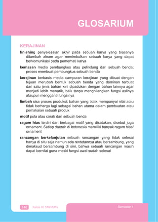 146 Kelas IX SMP/MTs Semester 1
KERAJINAN
ﬁnishing penyelesaian akhir pada sebuah karya yang biasanya
ditambah aksen agar menimbulkan sebuah karya yang dapat
berkomunikasi pada pemerhati karya
kemasan media pembungkus atau pelindung dari sebuah benda;
proses membuat pembungkus sebuah benda
kerajinan berbasis media campuran kerajinan yang dibuat dengan
tujuan merubah bentuk sebuah benda yang dominan terbuat
dari satu jenis bahan kini dipadukan dengan bahan lainnya agar
menjadi lebih menarik, baik tanpa menghilangkan fungsi aslinya
ataupun mengganti fungsinya
limbah sisa proses produksi; bahan yang tidak mempunyai nilai atau
tidak berharga lagi sebagai bahan utama dalam pembuatan atau
pemakaian sebuah produk
motif pola atau corak dari sebuah benda
ragam hias terdiri dari berbagai motif yang disatukan, disebut juga
ornament. Setiap daerah di Indonesia memiliki banyak ragam hias/
ornament
rancangan berkelanjutan sebuah rancangan yang tidak selesai
hanya di situ saja namun ada rentetannya atau bersambung, yang
dimaksud bersambung di sini, bahwa sebuah rancangan masih
dapat bernilai guna meski fungsi awal sudah selesai
GLOSARIUM
 