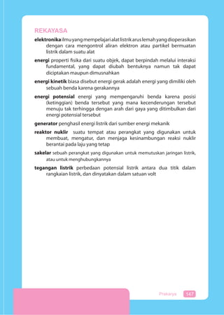 147Prakarya
REKAYASA
elektronikailmuyangmempelajarialatlistrikaruslemahyangdioperasikan
dengan cara mengontrol aliran elektron atau partikel bermuatan
listrik dalam suatu alat
energi properti fisika dari suatu objek, dapat berpindah melalui interaksi
fundamental, yang dapat diubah bentuknya namun tak dapat
diciptakan maupun dimusnahkan
energi kinetik biasa disebut energi gerak adalah energi yang dimiliki oleh
sebuah benda karena gerakannya
energi potensial energi yang mempengaruhi benda karena posisi
(ketinggian) benda tersebut yang mana kecenderungan tersebut
menuju tak terhingga dengan arah dari gaya yang ditimbulkan dari
energi potensial tersebut
generator penghasil energi listrik dari sumber energi mekanik
reaktor nuklir suatu tempat atau perangkat yang digunakan untuk
membuat, mengatur, dan menjaga kesinambungan reaksi nuklir
berantai pada laju yang tetap
sakelar sebuah perangkat yang digunakan untuk memutuskan jaringan listrik,
atau untuk menghubungkannya
tegangan listrik perbedaan potensial listrik antara dua titik dalam
rangkaian listrik, dan dinyatakan dalam satuan volt
 