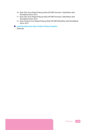 155Prakarya
10. Buku Teks Siswa Mapel Prakarya Kelas VIII SMP Semester 1 diterbitkan oleh
Kemdikbud tahun 2014
11. Buku Teks Siswa Mapel Prakarya Kelas VIII SMP Semester 2 diterbitkan oleh
Kemdikbud tahun 2014
12. Buku Panduan Guru Mapel Prakarya Kelas VIII SMP diterbitkan oleh Kemdikbud
tahun 2014
Judul Penelitian dan Tahun Terbit (10 Tahun Terakhir):
Tidak ada.
 