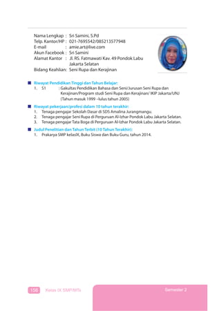 156 Kelas IX SMP/MTs Semester 2
Nama Lengkap : Sri Samini, S.Pd
Telp. Kantor/HP : 021-7695542/085213577948
E-mail : amie.art@live.com
Akun Facebook : Sri Samini
Alamat Kantor : Jl. RS. Fatmawati Kav. 49 Pondok Labu
Jakarta Selatan
Bidang Keahlian: Seni Rupa dan Kerajinan
Riwayat Pendidikan Tinggi dan Tahun Belajar:
1. S1 : Gakultas Pendidikan Bahasa dan Seni/Jurusan Seni Rupa dan
Kerajinan/Program studi Seni Rupa dan Kerajinan/ IKIP Jakarta/UNJ
(Tahun masuk 1999 –lulus tahun 2005)
Riwayat pekerjaan/profesi dalam 10 tahun terakhir:
1. Tenaga pengajar Sekolah Dasar di SDS Amalina Jurangmangu.
2. Tenaga pengajar Seni Rupa di Perguruan Al-Izhar Pondok Labu Jakarta Selatan.
3. Tenaga pengajar Tata Boga di Perguruan Al-Izhar Pondok Labu Jakarta Selatan.
Judul Penelitian dan Tahun Terbit (10 Tahun Terakhir):
1. Prakarya SMP kelasIX, Buku Siswa dan Buku Guru, tahun 2014.
 