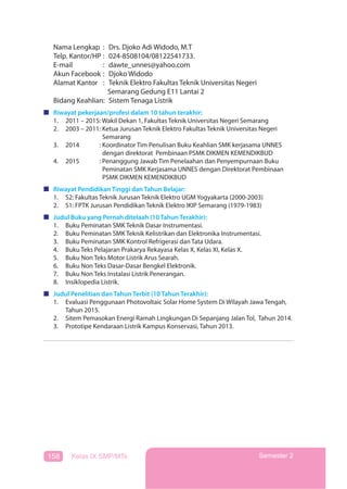 158 Kelas IX SMP/MTs Semester 2
Nama Lengkap : Drs. Djoko Adi Widodo, M.T
Telp. Kantor/HP : 024-8508104/08122541733.
E-mail : dawte_unnes@yahoo.com
Akun Facebook : Djoko Widodo
Alamat Kantor : Teknik Elektro Fakultas Teknik Universitas Negeri
Semarang Gedung E11 Lantai 2
Bidang Keahlian: Sistem Tenaga Listrik
Riwayat pekerjaan/profesi dalam 10 tahun terakhir:
1. 2011 – 2015: Wakil Dekan 1, Fakultas Teknik Universitas Negeri Semarang
2. 2003 – 2011: Ketua Jurusan Teknik Elektro Fakultas Teknik Universitas Negeri
Semarang
3. 2014 – 2011: Koordinator Tim Penulisan Buku Keahlian SMK kerjasama UNNES
dengan direktorat Pembinaan PSMK DIKMEN KEMENDIKBUD
4. 2015 – 2011: Penanggung Jawab Tim Penelaahan dan Penyempurnaan Buku
Peminatan SMK Kerjasama UNNES dengan Direktorat Pembinaan
PSMK DIKMEN KEMENDIKBUD
Riwayat Pendidikan Tinggi dan Tahun Belajar:
1. S2: Fakultas Teknik Jurusan Teknik Elektro UGM Yogyakarta (2000-2003)
2. S1: FPTK Jurusan Pendidikan Teknik Elektro IKIP Semarang (1979-1983)
Judul Buku yang Pernah ditelaah (10 Tahun Terakhir):
1. Buku Peminatan SMK Teknik Dasar Instrumentasi.
2. Buku Peminatan SMK Teknik Kelistrikan dan Elektronika Instrumentasi.
3. Buku Peminatan SMK Kontrol Refrigerasi dan Tata Udara.
4. Buku Teks Pelajaran Prakarya Rekayasa Kelas X, Kelas XI, Kelas X.
5. Buku Non Teks Motor Listrik Arus Searah.
6. Buku Non Teks Dasar-Dasar Bengkel Elektronik.
7. Buku Non Teks Instalasi Listrik Penerangan.
8. Insiklopedia Listrik.
Judul Penelitian dan Tahun Terbit (10 Tahun Terakhir):
1. Evaluasi Penggunaan Photovoltaic Solar Home System Di Wilayah Jawa Tengah,
Tahun 2015.
2. Sitem Pemasokan Energi Ramah Lingkungan Di Sepanjang Jalan Tol, Tahun 2014.
3. Prototipe Kendaraan Listrik Kampus Konservasi, Tahun 2013.
 