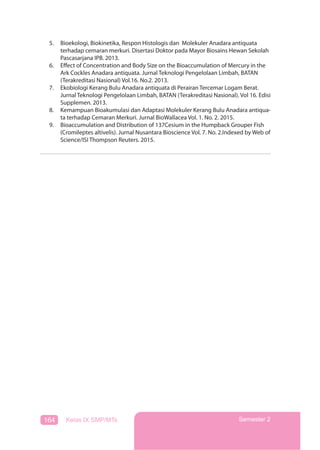 164 Kelas IX SMP/MTs Semester 2
5. Bioekologi, Biokinetika, Respon Histologis dan Molekuler Anadara antiquata
terhadap cemaran merkuri. Disertasi Doktor pada Mayor Biosains Hewan Sekolah
Pascasarjana IPB. 2013.
6. Effect of Concentration and Body Size on the Bioaccumulation of Mercury in the
Ark Cockles Anadara antiquata. Jurnal Teknologi Pengelolaan Limbah, BATAN
(Terakreditasi Nasional) Vol.16. No.2. 2013.
7. Ekobiologi Kerang Bulu Anadara antiquata di Perairan Tercemar Logam Berat.
Jurnal Teknologi Pengelolaan Limbah, BATAN (Terakreditasi Nasional). Vol 16. Edisi
Supplemen. 2013.
8. Kemampuan Bioakumulasi dan Adaptasi Molekuler Kerang Bulu Anadara antiqua-
ta terhadap Cemaran Merkuri. Jurnal BioWallacea Vol. 1. No. 2. 2015.
9. Bioaccumulation and Distribution of 137Cesium in the Humpback Grouper Fish
(Cromileptes altivelis). Jurnal Nusantara Bioscience Vol. 7. No. 2.Indexed by Web of
Science/ISI Thompson Reuters. 2015.
 