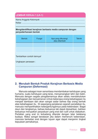11Prakarya
2. Merubah Bentuk Produk Kerajinan Berbasis Media
Campuran (Deformasi)
Manusia sebagai insan senantiasa mendambakan kehidupan yang
humanis, suatu kehidupan yang laras, menyenangkan lahir dan batin.
Manusia dengan segala pengalamannya akan selalu mendahulukan
kebahagiaan dan kenyamanan.Untuk beberapa orang kebahagiaan itu
menjadi dambaan dan akan sangat sadar bahwa tiap orang berhak
atas kebahagiaan itu. Di sepanjang perjalanan sejarah peradaban itu,
manusia memperlihatkan ketergantungannya pada kebendaan. Bagai
daun dan tangkainya, bahwa keduanya tak dapat dipisahkan, bahkan
keduanya merupakan perpaduan yang erat dan sulit untuk diabaikan.
Pertalian yang erat ini terkadang ditandai dengan latar belakang
budaya. Maka sangat beralasan jika dalam memenuhi kebendaan,
manusia berkaitan erat dengan tujuan agar dapat menjamin tingkat
kepuasan pemakainya.
LEMBAR KERJA-1 (LK-1)
Nama Anggota Kelompok: ............................................................................
Kelas: ............................................................................................................
Mengidentiﬁkasi kerajinan berbasis media campuran dengan
penyederhanaan bentuk
Bentuk Fungsi Apa yang dikurangi
atau ditambah
Teknik
Tambahkan contoh lainnya!
Ungkapan perasaan :
.......................................................................................................................
.......................................................................................................................
 
