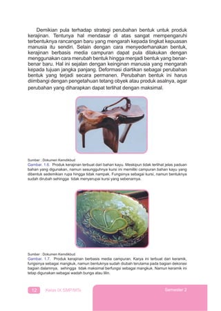 12 Kelas IX SMP/MTs Semester 2
Demikian pula terhadap strategi perubahan bentuk untuk produk
kerajinan. Tentunya hal mendasar di atas sangat mempengaruhi
terbentuknya rancangan baru yang mengarah kepada tingkat kepuasan
manusia itu sendiri. Selain dengan cara menyederhanakan bentuk,
kerajinan berbasis media campuran dapat pula dilakukan dengan
menggunakan cara merubah bentuk hingga menjadi bentuk yang benar-
benar baru. Hal ini sejalan dengan keinginan manusia yang mengarah
kepada tujuan jangka panjang. Deformasi diartikan sebagai perubahan
bentuk yang terjadi secara permanen. Perubahan bentuk ini harus
diimbangi dengan pengetahuan tetang obyek atau produk asalnya, agar
perubahan yang diharapkan dapat terlihat dengan maksimal.
Sumber : Dokumen Kemdikbud
Gambar. 1.6. Produk kerajinan terbuat dari bahan kayu. Meskipun tidak terlihat jelas paduan
bahan yang digunakan, namun sesungguhnya kursi ini memiliki campuran bahan kayu yang
dibentuk sedemikian rupa hingga tidak nampak. Fungsinya sebagai kursi, namun bentuknya
sudah dirubah sehingga tidak menyerupai kursi yang sebenarnya.
Sumber : Dokumen Kemdikbud
Gambar. 1.7. Produk kerajinan berbasis media campuran. Karya ini terbuat dari keramik,
fungsinya sebagai mangkuk, namun bentuknya sudah diubah terutama pada bagian dekorasi
bagian dalamnya, sehingga tidak maksimal berfungsi sebagai mangkuk. Namun keramik ini
tetap digunakan sebagai wadah bunga atau lilin.
 