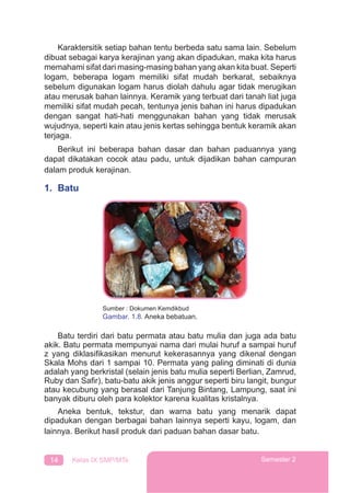 14 Kelas IX SMP/MTs Semester 2
Karaktersitik setiap bahan tentu berbeda satu sama lain. Sebelum
dibuat sebagai karya kerajinan yang akan dipadukan, maka kita harus
memahami sifat dari masing-masing bahan yang akan kita buat. Seperti
logam, beberapa logam memiliki sifat mudah berkarat, sebaiknya
sebelum digunakan logam harus diolah dahulu agar tidak merugikan
atau merusak bahan lainnya. Keramik yang terbuat dari tanah liat juga
memiliki sifat mudah pecah, tentunya jenis bahan ini harus dipadukan
dengan sangat hati-hati menggunakan bahan yang tidak merusak
wujudnya, seperti kain atau jenis kertas sehingga bentuk keramik akan
terjaga.
Berikut ini beberapa bahan dasar dan bahan paduannya yang
dapat dikatakan cocok atau padu, untuk dijadikan bahan campuran
dalam produk kerajinan.
1. Batu
Batu terdiri dari batu permata atau batu mulia dan juga ada batu
akik. Batu permata mempunyai nama dari mulai huruf a sampai huruf
z yang diklasiﬁkasikan menurut kekerasannya yang dikenal dengan
Skala Mohs dari 1 sampai 10. Permata yang paling diminati di dunia
adalah yang berkristal (selain jenis batu mulia seperti Berlian, Zamrud,
Ruby dan Saﬁr), batu-batu akik jenis anggur seperti biru langit, bungur
atau kecubung yang berasal dari Tanjung Bintang, Lampung, saat ini
banyak diburu oleh para kolektor karena kualitas kristalnya.
Aneka bentuk, tekstur, dan warna batu yang menarik dapat
dipadukan dengan berbagai bahan lainnya seperti kayu, logam, dan
lainnya. Berikut hasil produk dari paduan bahan dasar batu.
Sumber : Dokumen Kemdikbud
Gambar. 1.8. Aneka bebatuan.
 