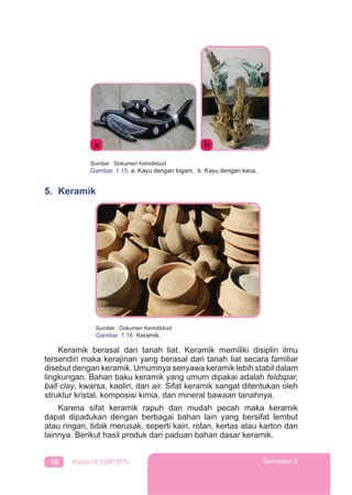 18 Kelas IX SMP/MTs Semester 2
Sumber : Dokumen Kemdikbud
Gambar. 1.15. a. Kayu dengan logam, b. Kayu dengan kaca.
5. Keramik
Sumber : Dokumen Kemdikbud
Gambar. 1.16. Keramik.
Keramik berasal dari tanah liat. Keramik memiliki disiplin ilmu
tersendiri maka kerajinan yang berasal dari tanah liat secara familiar
disebut dengan keramik. Umumnya senyawa keramik lebih stabil dalam
lingkungan. Bahan baku keramik yang umum dipakai adalah feldspar,
ball clay, kwarsa, kaolin, dan air. Sifat keramik sangat ditentukan oleh
struktur kristal, komposisi kimia, dan mineral bawaan tanahnya.
Karena sifat keramik rapuh dan mudah pecah maka keramik
dapat dipadukan dengan berbagai bahan lain yang bersifat lembut
atau ringan, tidak merusak, seperti kain, rotan, kertas atau karton dan
lainnya. Berikut hasil produk dari paduan bahan dasar keramik.
 