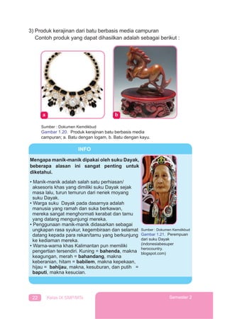 22 Kelas IX SMP/MTs Semester 2
3) Produk kerajinan dari batu berbasis media campuran
Contoh produk yang dapat dihasilkan adalah sebagai berikut :
Sumber : Dokumen Kemdikbud
Gambar 1.20. Produk kerajinan batu berbasis media
campuran; a. Batu dengan logam, b. Batu dengan kayu.
INFO
Mengapa manik-manik dipakai oleh suku Dayak,
beberapa alasan ini sangat penting untuk
diketahui.
• Manik-manik adalah salah satu perhiasan/
aksesoris khas yang dimiliki suku Dayak sejak
masa lalu, turun temurun dari nenek moyang
suku Dayak.
• Warga suku Dayak pada dasarnya adalah
manusia yang ramah dan suka berkawan,
mereka sangat menghormati kerabat dan tamu
yang datang mengunjungi mereka.
• Penggunaan manik-manik didasarkan sebagai
ungkapan rasa syukur, kegembiraan dan selamat
datang kepada para rekan/tamu yang berkunjung
ke kediaman mereka.
• Warna-warna khas Kalimantan pun memiliki
pengertian tersendiri. Kuning = bahenda, makna
keagungan, merah = bahandang, makna
keberanian, hitam = babilem, makna kepekaan,
hijau = bahijau, makna, kesuburan, dan putih =
baputi, makna kesucian.
Sumber : Dokumen Kemdikbud
Gambar 1.21. Perempuan
dari suku Dayak
(indonesiabesuper
herocountry.
blogspot.com)
 
