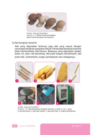 30 Kelas IX SMP/MTs Semester 2
2) Alat kerajinan keramik
Alat yang digunakan tentunya juga alat yang sesuai dengan
rancangankerajinanyangakandibuat.Pembuatankerajinankeramik
tidak membutuhkan alat khusus. Biasanya yang digunakan adalah
butsir, rol, spon, tali pemotong, alat putar tangan (handwheell), alat
putar kaki, (kickwheell), tungku pembakaran dan sebagainya.
Sumber : Dokumen Kemdikbud
Gambar 1.32. Alat pembuatan kerajinan keramik; a. butsir, b. rol, c. spon,
d, tali pemotong, e. alat putar tangan, f. alat putar kaki, e. tungku pembakaran.
Sumber : Dokumen Kemdikbud
Gambar 1.31.Bahan tanah liat sebagai
bahan utama kerajinan dari keramik.
 