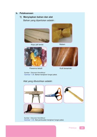 35Prakarya
b. Pelaksanaan
1) Menyiapkan bahan dan alat
Bahan yang diperlukan adalah :
Kayu jati landa
Pewarna tekstil
Malam
Kulit tersamak
Alat yang dibutuhkan adalah:
Sumber : Dokumen Kemdikbud
Gambar 1.39. Alat pembuatan kerajinan fungsi pakai.
Sumber : Dokumen Kemdikbud
Gambar 1.38. Bahan kerajinan fungsi pakai.
 