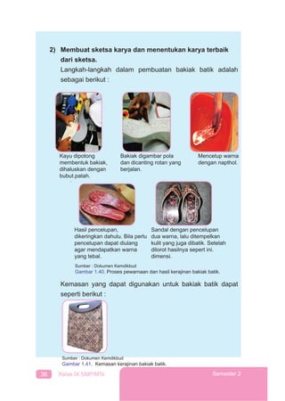 36 Kelas IX SMP/MTs Semester 2
2) Membuat sketsa karya dan menentukan karya terbaik
dari sketsa.
Langkah-langkah dalam pembuatan bakiak batik adalah
sebagai berikut :
Kayu dipotong
membentuk bakiak,
dihaluskan dengan
bubut.patah.
Mencelup warna
dengan napthol.
Sandal dengan pencelupan
dua warna, lalu ditempelkan
kulit yang juga dibatik. Setelah
dilorot hasilnya sepert ini.
dimensi.
Hasil pencelupan,
dikeringkan dahulu. Bila perlu
pencelupan dapat diulang
agar mendapatkan warna
yang tebal.
Bakiak digambar pola
dan dicanting rotan yang
berjalan.
Sumber : Dokumen Kemdikbud
Gambar 1.40. Proses pewarnaan dan hasil kerajinan bakiak batik.
Kemasan yang dapat digunakan untuk bakiak batik dapat
seperti berikut :
Sumber : Dokumen Kemdikbud
Gambar 1.41. Kemasan kerajinan bakiak batik.
 