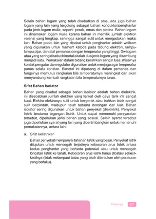 57Prakarya
Selain bahan logam yang telah disebutkan di atas, ada juga bahan
logam yang lain yang tergolong sebagai bahan konduktor/penghantar
pada jenis logam mulia, seperti: perak, emas dan platina. Bahan logam
ini dinamakan logam mulia karena bahan ini memiliki jumlah elektron
valensi yang lengkap, sehingga sangat sulit untuk mengadakan reaksi
lain. Bahan padat lain yang dipakai untuk penghantar adalah wolfram
yang digunakan untuk ﬁlament katoda pada tabung elektron, lampu-
lampu pijar, dan alat pemanas dengan temperatur yang tinggi. Dwilogam
atau yang sering disebut bimetal adalah dua jenis logam yang disambung
menjadi satu. Pemakaian dalam bidang kelistrikan sangat luas, misalnya
kontak pengatur dan regulator digunakan untuk menjaga agar temperatur
panas selalu konstan. Bimetal ini dipasang di dalam pemanas dan
fungsinya memutus rangkaian bila temperaturnya meningkat dan akan
menyambung kembali rangkaian bila temperaturnya turun.
Sifat Bahan Isolator
Bahan yang disebut sebagai bahan isolator adalah bahan dielektrik,
ini disebabkan jumlah elektron yang terikat oleh gaya tarik inti sangat
kuat. Elektro-elektronya sulit untuk bergerak atau bahkan tidak sangat
sulit berpindah, walaupun telah terkena dorongan dari luar. Bahan
isolator sering digunakan untuk bahan penyekat (dielektrik). Penyekat
listrik terutama tegangan listrik. Untuk dapat memenuhi persyaratan
tersebut, diperlukan jenis bahan yang sesuai. Selain syarat tersebut
juga diperlukan syarat yang lain yang dipertimbangkan untuk memenuhi
pemakaiannya, antara lain:
a. Sifat kelistrikan
Bahan penyekat mempunyai tahanan listrik yang besar. Penyekat listrik
ditujukan untuk mencegah terjadinya kebocoran arus listrik antara
kedua penghantar yang berbeda potensial atau untuk mencegah
loncatan listrik ke tanah. Kebocoran arus listrik harus dibatasi sekecil-
kecilnya (tidak melampaui batas yang telah ditentukan oleh peraturan
yang berlaku).
 