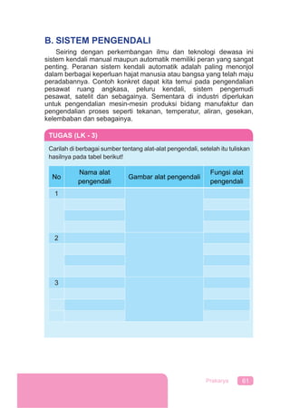 61Prakarya
B. SISTEM PENGENDALI
Seiring dengan perkembangan ilmu dan teknologi dewasa ini
sistem kendali manual maupun automatik memiliki peran yang sangat
penting. Peranan sistem kendali automatik adalah paling menonjol
dalam berbagai keperluan hajat manusia atau bangsa yang telah maju
peradabannya. Contoh konkret dapat kita temui pada pengendalian
pesawat ruang angkasa, peluru kendali, sistem pengemudi
pesawat, sateIit dan sebagainya. Sementara di industri diperlukan
untuk pengendalian mesin-mesin produksi bidang manufaktur dan
pengendalian proses seperti tekanan, temperatur, aliran, gesekan,
kelembaban dan sebagainya.
TUGAS (LK - 3)
Carilah di berbagai sumber tentang alat-alat pengendali, setelah itu tuliskan
hasilnya pada tabel berikut!
No
Nama alat
pengendali
Gambar alat pengendali
Fungsi alat
pengendali
1
2
3
 