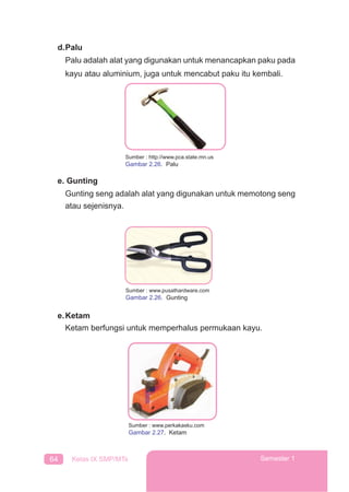 64 Kelas IX SMP/MTs Semester 1
d.Palu
Palu adalah alat yang digunakan untuk menancapkan paku pada
kayu atau aluminium, juga untuk mencabut paku itu kembali.
e. Gunting
Gunting seng adalah alat yang digunakan untuk memotong seng
atau sejenisnya.
e.Ketam
Ketam berfungsi untuk memperhalus permukaan kayu.
Sumber : http://www.pca.state.mn.us
Gambar 2.26. Palu
Sumber : www.pusathardware.com
Gambar 2.26. Gunting
Sumber : www.perkakasku.com
Gambar 2.27. Ketam
 