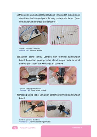 72 Kelas IX SMP/MTs Semester 1
12) Masukkan ujung kabel lewat lubang yang sudah disiapkan di
dekat terminal sampai pada lubang pada posisi lampu (stop
kontak pertama berada dilubang no.1)
Sumber : Dokumen Kemdikbud
Gambar 2.42. Terminal 4 mata
13) Siapkan stand lampu Lombok dan terminal sambungan
kabel, kemudian pasang kabel stand lampu pada terminal
sambungan kabel dan kencangkan bautnya.
Sumber : Dokumen Kemdikbud
Gambar 2.43. Stand lampu lombok
14) Pasang ujung kabel yang dari saklar ke terminal sambungan
kabel.
Sumber : Dokumen Kemdikbud
Gambar 2.44. Terminal sambungan kabel
 