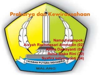 Prakarya dan Kewirausahaan
Nama Kelompok:
Aisyah Rachmasari Ammadin (02)
Alfina Damayanti (04)
Ifania Siska Rini (20)
Syafira setyoriyanti (34)
 