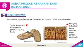 PRAKARYA
ANEKA PRODUK KERAJINAN DARI
BAHAN LUNAK
Ⓑ
Kerajinan Serat Alam
2
Pengolahan serat alam sangat bervariasi, tergantung bahan yang digunakan.
Sandal terbuat dari
bahan pelepah
pohon pisang yang
lunak.
Sumber: batik.go.id
Keranjang
terbuat dari
batang
tanaman
eceng
gondok
yang lunak.
Sumber: pixabay.com
 