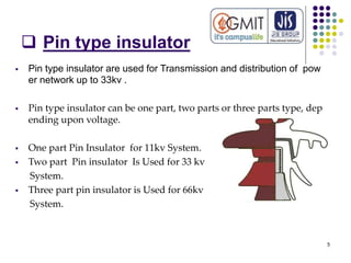  Pin type insulator
 Pin type insulator are used for Transmission and distribution of pow
er network up to 33kv .
 Pin ...